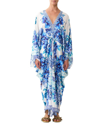 Embrace effortless elegance with CAMILLA A Ceramic Garden T-Shape Long Kaftan 00037043 – flowing silhouette, vibrant print, and luxurious resort style.