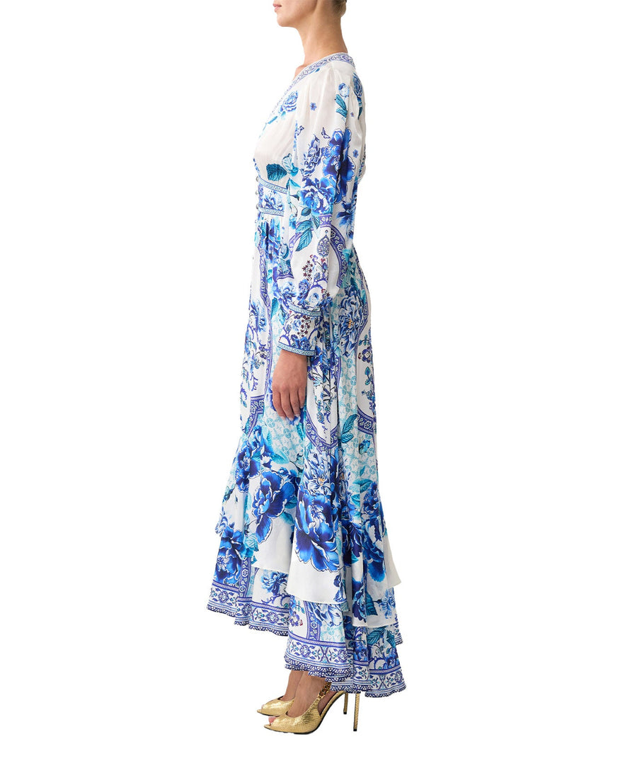 CAMILLA A Ceramic Garden Long Button Front Dress 00037044 – elegant maxi with button details, luxe silk, and vibrant prints for timeless style.