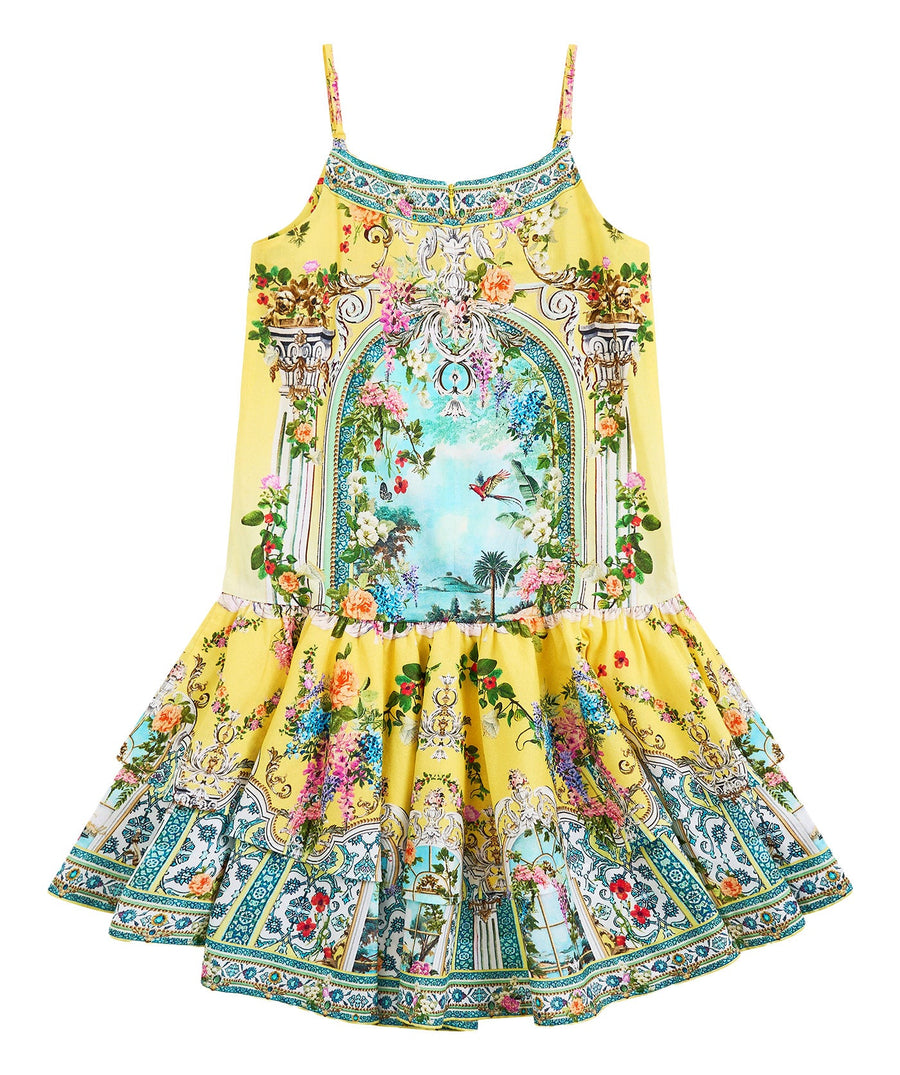 The CAMILLA Tales of Topkapi Palace Hi-Low Dress 00037360 features a flowing hem, vibrant print, and crystal embellishments—perfect for elevated summer style.