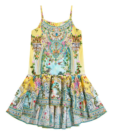 The CAMILLA Tales of Topkapi Palace Hi-Low Dress 00037360 features a flowing hem, vibrant print, and crystal embellishments—perfect for elevated summer style.