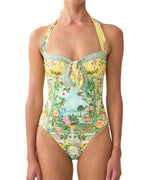 The CAMILLA Tales of Topkapi Palace Halter One Piece 00037489 features a plunging neckline, crystal embellishments, and luxe prints for standout swim style.
