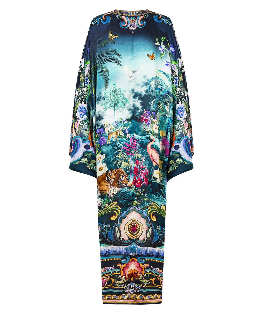 Embrace luxury in the CAMILLA Basked In Baroque Long Kaftan 00037787, featuring ornate baroque prints, flowing silk, and a relaxed, elegant silhouette.