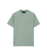 Mint green t-shirt with a small logo on a white background