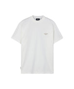 White t-shirt with a small teal logo on a white background