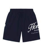 Oversized and boxy fit shorts made of interlock in dark navy. Featuring printed branded logo on the side in white. An everyday essential piece.