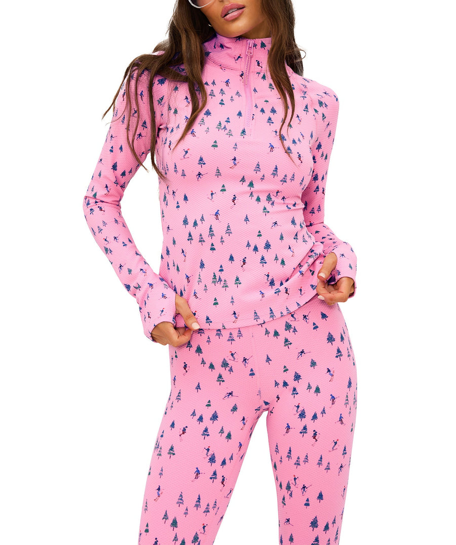 Ski Patrol print active set featuring mock-neck zip top, slim fit, thumbholes, sculpting high-rise leggings, and soft performance fabric perfect for winter workouts.