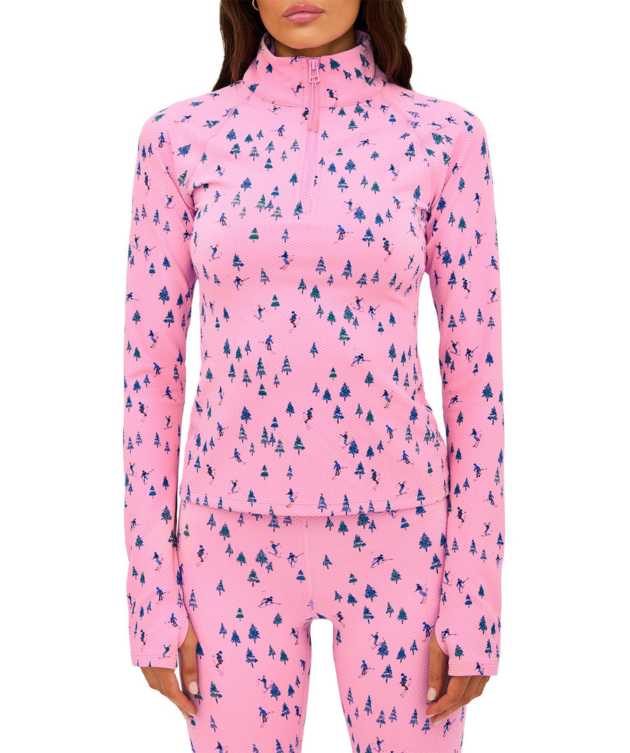 Ski Patrol print active set featuring mock-neck zip top, slim fit, thumbholes, sculpting high-rise leggings, and soft performance fabric perfect for winter workouts.