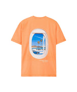 Vintage orange Videogame 6.0 T-shirt by HOMIES MARBELLA featuring a white logo front and large digital Marbella landscape artwork on the back. Oversized fit.