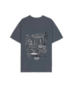 Dark grey graphic t-shirt with an ancient temple sketch and "OTB London" logo on the back