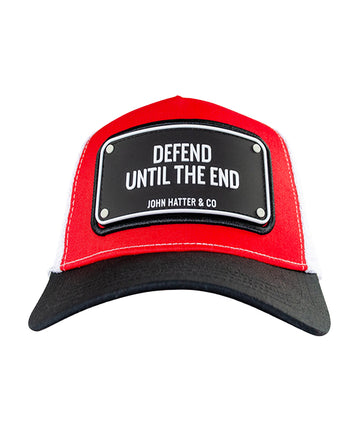 JOHN HATTER & CO Defend Until The End Rubber Edition Cap R-1166-U00 – a bold trucker-style cap featuring a powerful ‘Defend Until The End’ rubber logo on the front.