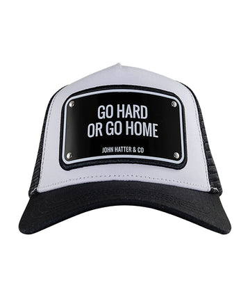 JOHN HATTER & CO Go Hard Or Go Home Aluminum Edition Cap R-1158-U00 – a bold trucker-style cap featuring the empowering ‘Go Hard Or Go Home’ aluminum plate on the front, breathable mesh back.