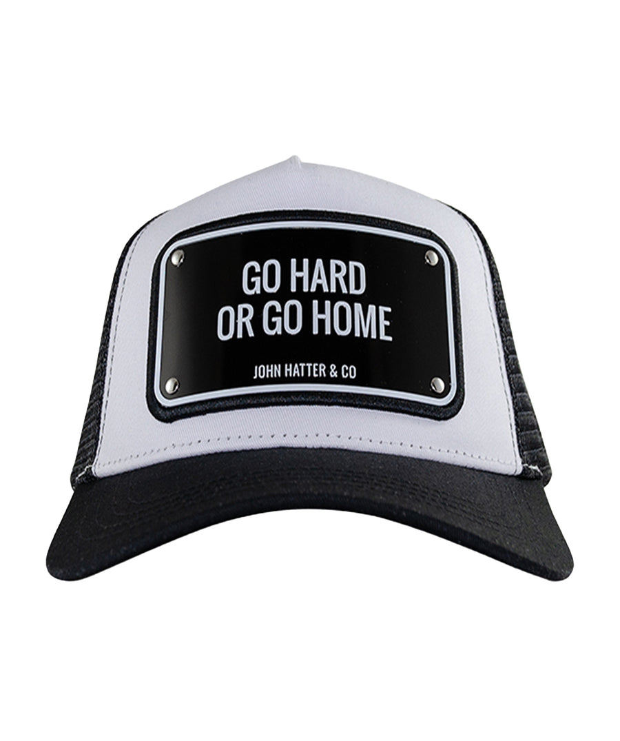 JOHN HATTER & CO Go Hard Or Go Home Aluminum Edition Cap R-1158-U00 – a bold trucker-style cap featuring the empowering ‘Go Hard Or Go Home’ aluminum plate on the front, breathable mesh back.